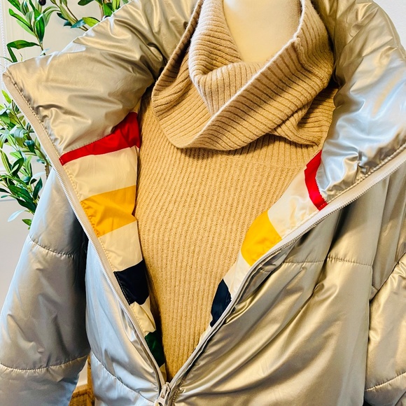 HBC Jackets & Blazers - The Hudson Bay Company Stripes Silver Puffer Jacket